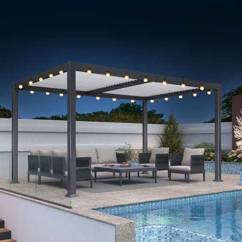 PURPLE LEAF Pavillon 3 x 4.2 m Wasserdicht Stabil Winterfest Pergola Lamellendach Terrassenüberdachung mit 14.6 m 24 LED Kugel Lichterkette für Gartren, Grauer Rahmen und Weißes Dach