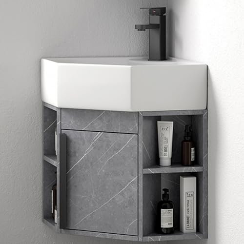 LYXWGRZD Lavabo d'angle, lavabo en céramique, meuble-lavabo d'angle de bain, lavabo de salle de bain mural, lave main d'angle avec récipient de rangement, lavabo en céramique(Gray,45cm/17.7in)