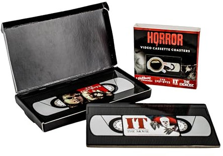 Horror VHS Coasters Set – Retro VHS Tape Themed Drink Coasters for Horror Fans, Gift for Halloween, Home Bar & Gaming Room Decor – 4 Unique Designs