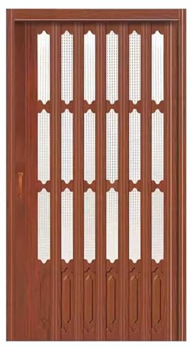 Porte coulissante pliable en accordéon en PVC avec fenêtre en grille et poignée en métal - Paravent décoratif pour entrée de cuisine - 58,5 x 100 cm - Marron