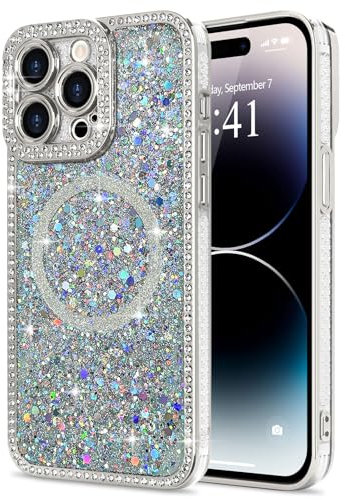 Lafunda Glitter Case for iPhone 14 Pro Max Compatible with Magsafe, Sparkly Bling Diamonds Phone Case for Women Girls Soft TPU Slim Bumper Anti-Scratch Shockproof Magnetic Protective Cover-Silver