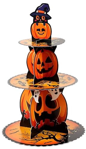 eBoutik - 3-Tier Halloween Style Cupcake Stand - Round Cardboard Display Multi-Tiered Tower for Party Dessert Table - Spooky Easy Assembly Snack Cake Tree (Pumpkin)