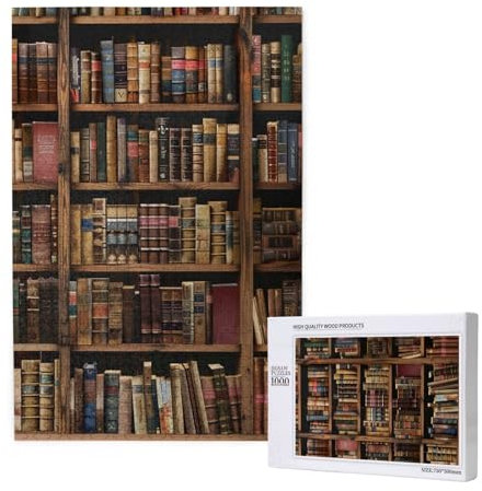 Library Bookshelf Book Printed Jigsaw Puzzle with Storage Box, Wooden Puzzle for Adults and Kids, 1000 Pieces Family Fun Decorative Game