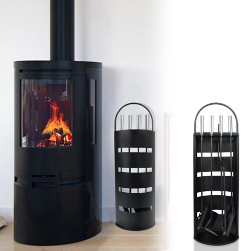 LILIIN Edelstahl Kaminbesteck Modern Kamin Zubehör Set 5-teilig Schwarz A | Kamingarnitur inkl. Besen, Schaufel, Schürhaken, Zange und Ständer mit Sichtschutz
