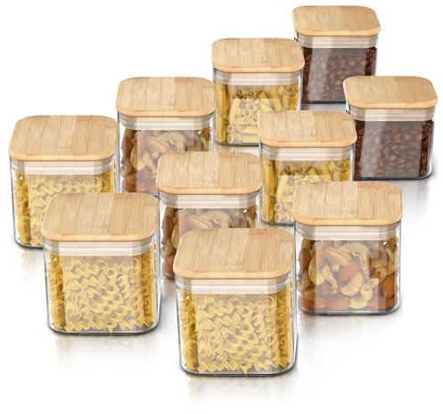 Arendo - Vorratsgläser mit Deckel 800ml - 10er Set - Behälter aus Glas – hitzebeständig – Vorratsdosen/Vorratsbehälter mit Bambusdeckel - luftdicht - für Müsli Zucker Mehl Kaffee Reis