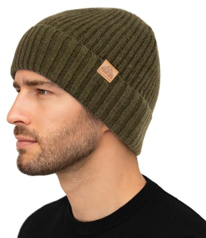 TOP-EX Army Green Beanie for Men M/L – Cuffed Merino Wool Winter Cap with Fleece Lining, Soft Warm Wooly Hat for Cold Weather, Work, Outdoor, UK Gift