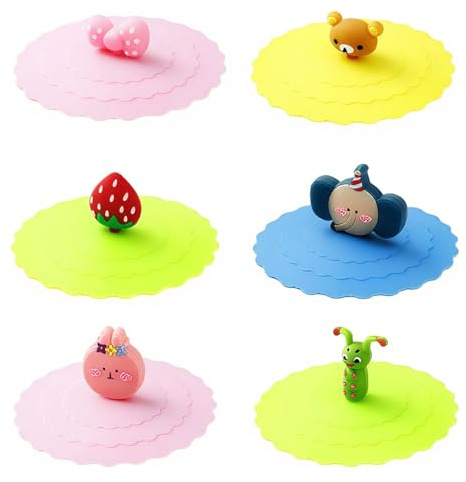 Arvoni 6 Pcs Silicone Glass Cup Covers, 10cm Leak-Proof Cup Covers, Reusable Anti-Dust Silicone Cup Cover, 6 Glass Cup Lid with Creative Animal Images, for Glass Cups, Plastic Cups