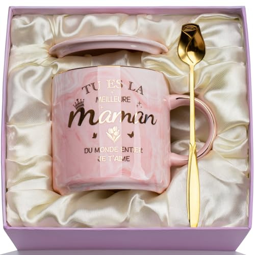 Cadeau Fete des Meres Cadeau Maman Mug, Cadeau Anniversaire Maman 14oz Marbrée Céramique, 'Tu Es La Meilleure Maman Du Monde Entier, Je T'aime' - Mug Cadeaux Maman, avec Boîte Exquise, Cuillère