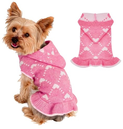 Hundepulloverkleid Herz Hundepulli Valentinstag Pullover Hund Katzenpullover Rosa Gestricktes Hunde Pullover Warme Hundekleidung für Kleine und Mittelgroße Hunde S