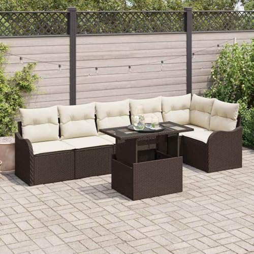 LoogCape Modulares Sofa Set für 7 Personen, Braun Poly Rattan, mit Kissen, Gartentisch Glasplatte, Outdoor Möbel für Terrasse, Balkon, Garten