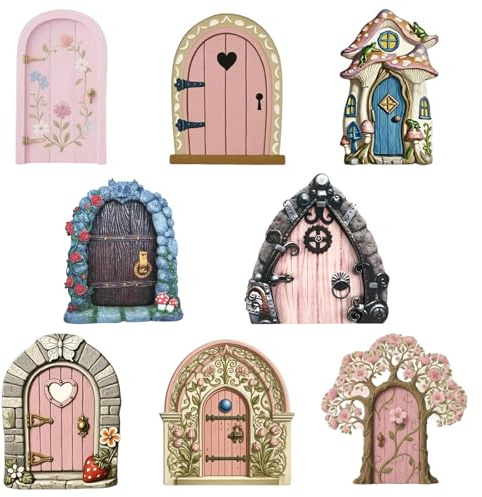 UJBVCX 8PCS Porte di Legno Fata Giardino, Ornamenti in miniatura per Alberi Giardini, Porticina Elfo Albero per Alberi Giardini All'aperto Interno o Esterno