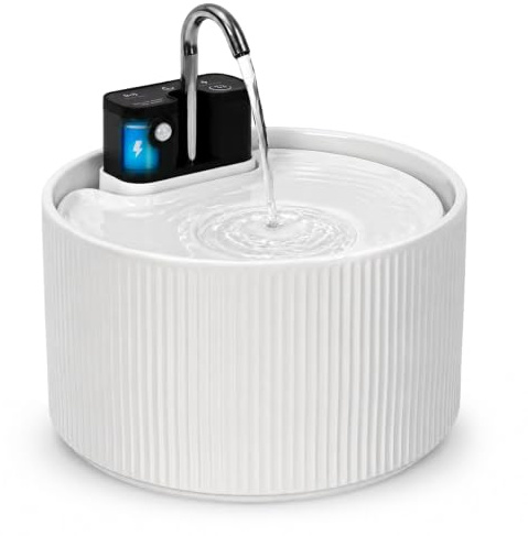 Fontana per gatti senza fili in ceramica, 2,2 l, silenziosa, sensore di movimento, dispenser automatico di acqua per gatti e cani, con sistema di filtraggio, batteria da 4200 mAh, bianco