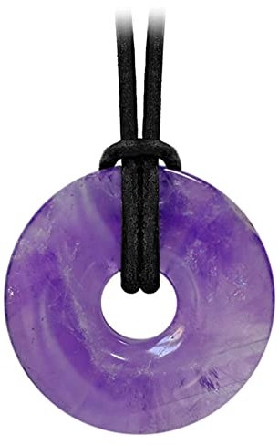 Kaltner Präsente Edelstein Halskette mit Anhänger/Amethyst Violett/Lederband mit Donut Anhänger/Hochwertiger Edelsteinanhänger mit Lederkette/Ø Edelsteindonut 30 mm