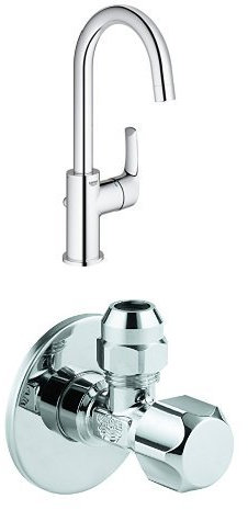 Grohe Eurosmart Waschtischarmatur mit hohem, schwenkbarem Auslauf und Zugstange + Eckventil, DN 15, 1 stück