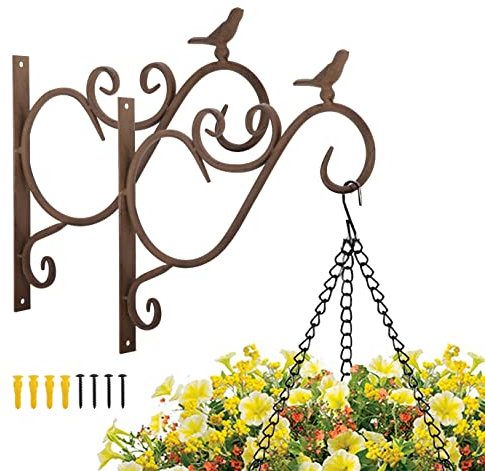 Lewondr Haken für Blumenampel, 2 Stück Retro Gusseisen Wandhaken Aufhänger Halterung mit Schrauben für Blumentöpfe Pflanzen Laternen Hängekörbe, Garten Balkon Zaun Außen Deko - Vögel 01, Retroblaun