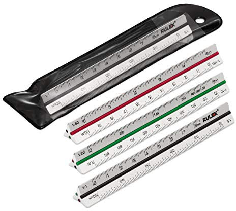 Rulex 100mm 10cm Micro Silber Metall Dreikantmaßstab Lineal mit farbigen Streifen und Skalen: Seite 1 - 1:1 & 1:5, Seite 2 - 1:20 & 1:10, Seite 3 - 1:50 & 1:100