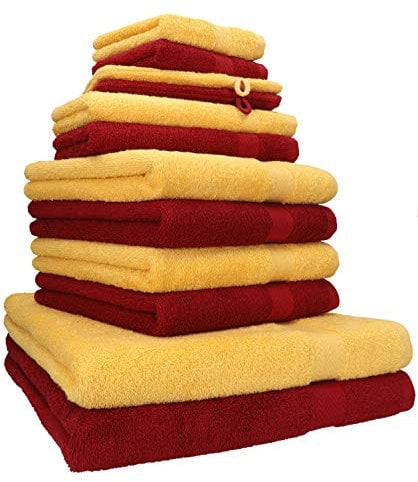 Betz 12-TLG. Handtuch Set Premium 100% Baumwolle 2 Duschtücher 4 Handtücher 2 Gästetücher 2 Seiftücher 2 Waschhandschuhe Farbe honiggelb/rubinrot