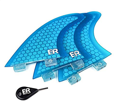Eisbach Riders Surfboard FCS Fiberglass Honeycomb Fin Thruster Set mit Fin Key - Finnen Flossen für Surfbrett und SUP (Blau, Größe G7 - Large)