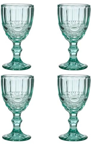 Set of 4 Wine Glasses Embossed 300ml Bevlled Glass Wine Goblets Wine Glass Set Alfresco Dining Glassware (CP49)