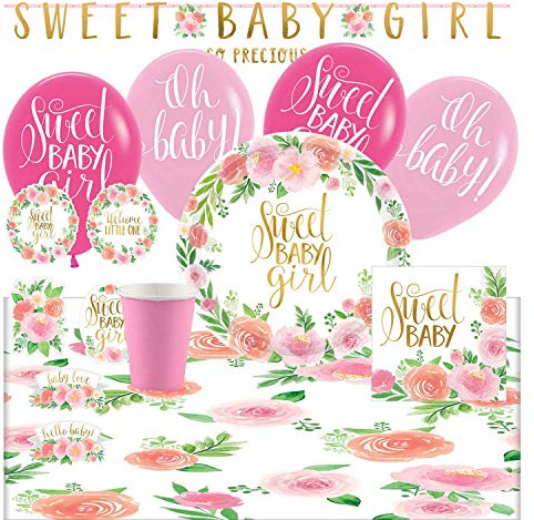 Amscan 9050 0391 - Partyset Sweet Baby Girl, 8 Teller, 8 Becher, 16 Servietten, Tischdecke, 2 Girlanden, 6 Latexballons, 12 Pappschilder