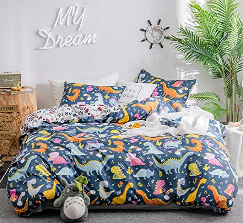 GETIYA 【Neueste】 Dunkel Blau Bettwäsche 100x135 Niedlich Cartoon Dinosaurier Bettwäsche Bunt Dino Baby Bettwäsche Kinder Bettbezug Set 2 TLG Prämie Microfaser Wendebettwäsche mit Kissenbezug 40x60