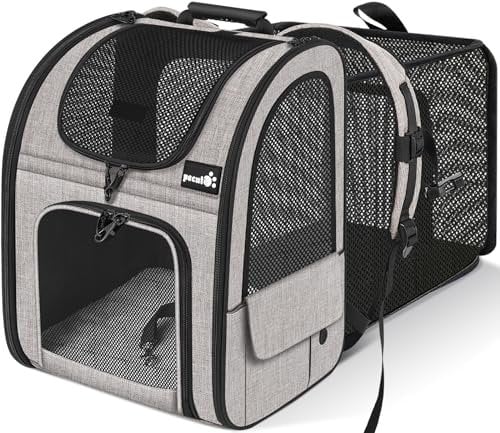 pecute Haustier Expansions Rucksüke für Hund und Katzen mit Front Opening-Mesh Fenstertaschen, Tragbare und Erweiterbare Ourdoor Faltbarer Raum Tragetasche,Leichtes Khaki(maximale Last 6kg)