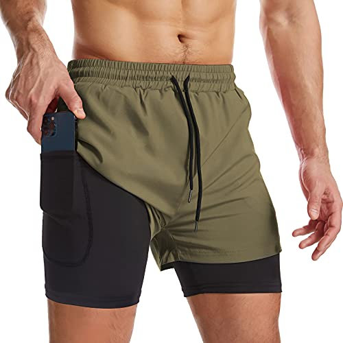 Danfiki Pantaloncini Sportivi da Uomo Running Shorts Asciugatura Rapida con Tasca per Jogging Tennis Fitness Allenamento 2 in 1,Verde,L