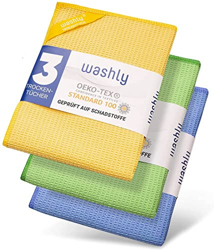 washly Mikrofaser Trockentuch mit Oeko-TEX Siegel (3 Stück 40x60 cm 1x blau 1x gelb 1x grün) streifenfrei & fusselfrei Fenster putzen mit dem Premium Waffeltuch speziell für Küche, Bad und Haushalt