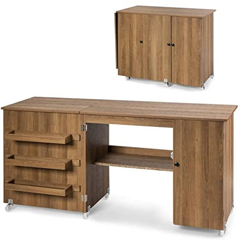 COSTWAY Bureau Pliable, Table de Couture Pliable pour Machine à Coudre, 3 Etagères pour Bobines, roulettes Universelles Verrouillables, pour Salon, Bureau, Studio, 50 x 158 x 75 cm, Naturel
