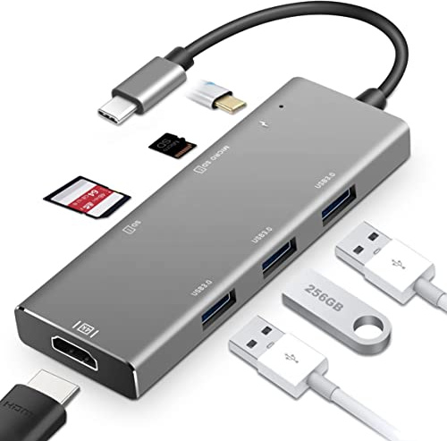 Tradebit - USB-C Hub I HDMI 4K I 3X USB 3.0 I Micro SD I Aluminiumgehäuse I Power Delivery I Kompatibel mit Laptop und PC
