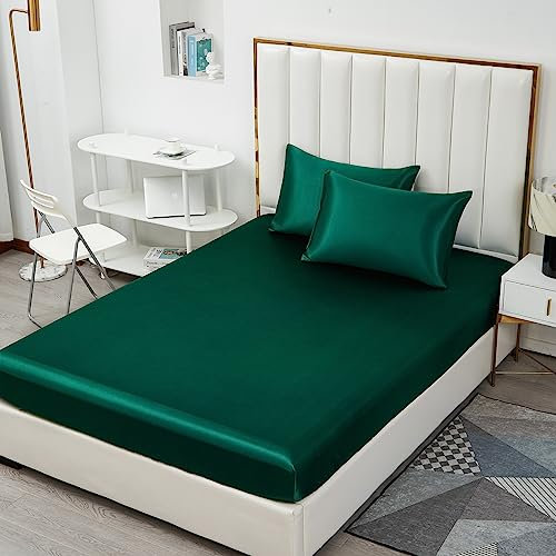 Michorinee Satin Spannbettlaken 160x200cm Dunkelgrün Glatt Seide Glanzsatin Bettlaken Boxspringbett Topper Microfaser Spannbetttuch für Matratze bis 25 cm