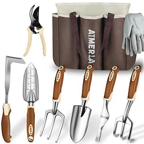 Aimerla Gartengeräte-Set mit 9 robusten Gartengeräten mit rutschfestem Gummigriff mit großer Gartentasche für Werkzeuge, langlebige Handwerkzeuge für Gartenarbeit, Jäten, Gartenarbeit, Geschenke für
