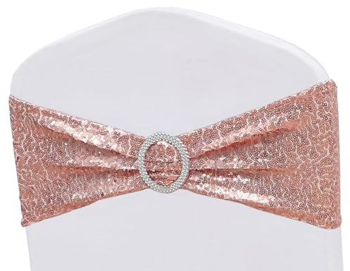 ZSJFMF Double-Sided Sequins Rose Gold Chair Sashes for Wedding Decor, Rose Gold Chair Bands with Silver Buckles, Sequin Chair Sashes Bows for Party Ceremony Event Decorations - 50 Pack