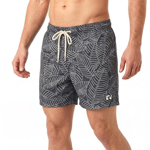 RIPT Men’s Quick Dry Swim Shorts with Mesh Lining Drawstring Waist UV50 Sun Protection Beach & Swimming Trunks (Navy Leaf Print, XXL)