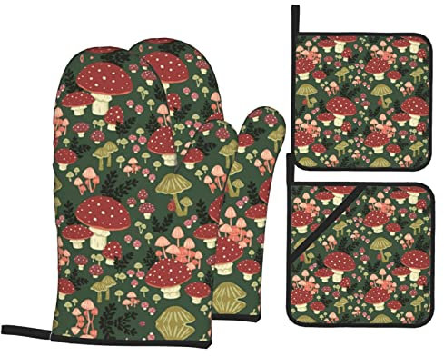 Sets aus Ofenhandschuhen und Topflappen, 4-teiliges Set mit bunten Pilzen, Küchenofenhandschuh und Topflappen