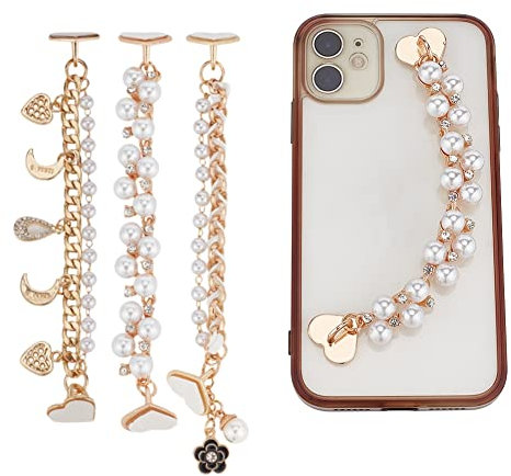 WADORN 3 Stück Perlen-Handykettenanhänger, Perlen-Handykette, Dekoration, Schlüsselband, Herz, Mond, Perlen, Handy-Anhänger, Riemen, Kristall, Strass, Universelle Handy-Fingerschlaufe Für Frauen