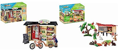PLAYMOBIL Country 71250 24-Stunden-Hofladen, Fahrrad mit Anhänger & Country 71252 Kaninchenstall, Tiere für den Bio-Bauernhof, Nachhaltiges Spielzeug für Kinder ab 4 Jahren