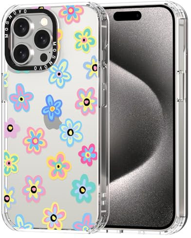 MOSNOVO Case for iPhone 15 Pro Max, [Buffertech 6.6ft Military-Grade Drop Protection] [Anti Peel Off Tech] Clear TPU Bumper Phone Case Cover Design - Groovy Flower