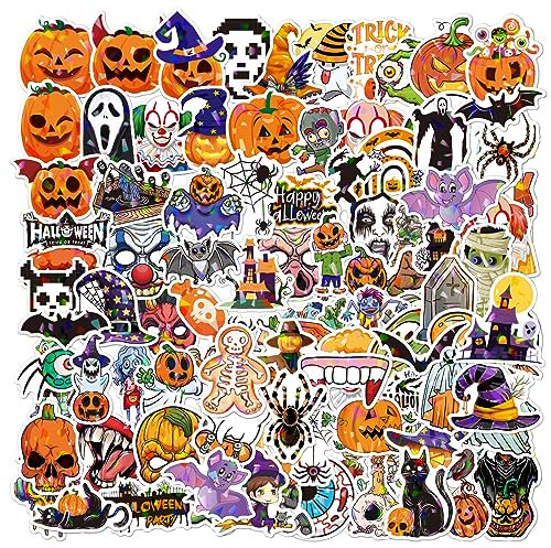 Eowppue 100 Pcs Holographic Laser Halloween Stickers Trendy Waterproof Decals for Luggage, Party Decorations, Themed Events; Versatile Use on Water Bottles, Skateboards, Tablets, Phones
