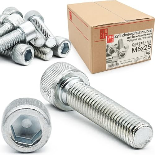 Lun Fix Tornillos de culata cilíndrica con hexágono interior, M 6 x 25 mm, clase de resistencia 8.8, 1 kg (130 unidades), acero galvanizado, rosca ISO métrica hasta la cabeza, DIN 912, rosca completa,