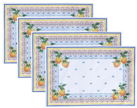 Elrene Home Fashions Capri Lemon Mediterranean Spring/Summer Double-Bordered Fabric Placemats, Set of 4, 13x19