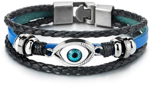COOLSTEELANDBEYOND Trois Rangées Homme Femme Tribal Mauvais Oeil Perle Charms - Noir Bleu Bracelet En Cuir - Envelopper Bracelet