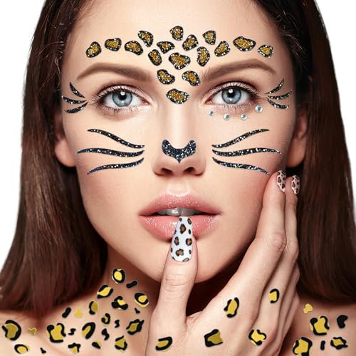 3-teilig Leopard Tattoos Set, Leoparden Kostüm Damen Accessoires, Glitzer Leopard Gesichtstattoo Karneval + Tattoo + Nagelsticker, Face Tattoo Schminke für Karneval, Fasching, Motto Party