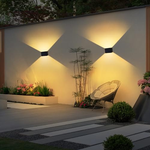 T-SUN 2 Pezzi Applique Solare da Esterno Nero, Luce Calda 3000K Applique da Parete Esterno, Moderno Up Down Lampada da Parete, IP65 Impermeabile, per Giardino Recinzione Garage Scala Porta D'ingresso