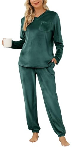 Vlazom Women Pyjamas,Soft Warm Fleece Pjs Sets Fluffy Loungewear Set Long Sleeve Tops and Pants Sleepwear with Pockets C-Dark Green,S