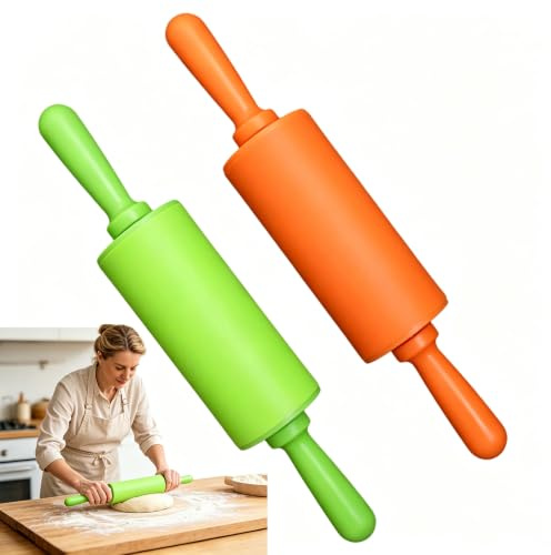 Vastsea 2 Stücke Teigroller Silikon, Backrolle Nudelholz, Silikon Nudelholz, Anti-Schimmel und Anti-Rost, Wiederverwendbar, Gelten für Kuchen Backen Pizza Fondant Cookie (Hellgrün + Orange)