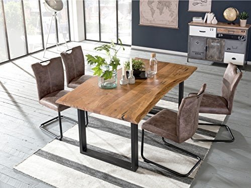Woodkings Essgruppe Kenton, Esstisch 170x90 mit 4 Schwingstühlen, Holztisch mit Baumkante, Esszimmerstuhl Wildlederoptik braun, Metall schwarz, Esszimmer Möbel