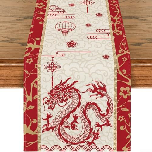 Chemin de table dragon chinois, 33 x 183 cm, nappe dragon chinois pour cuisine, salle à manger (chemin de table B)