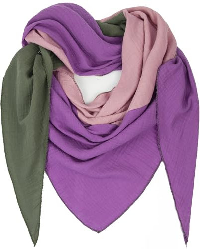 Gloop Sciarpa da donna XXL a maglia triangolare sciarpa foulard cotone triangolo mussola sciarpa sciarpa sciarpa senza graffi sulla pelle Made in Italy, Verde scuro-viola-rosa antico, Taglia unica