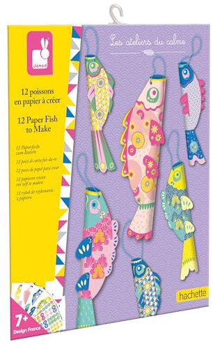 Janod - Die Werkstätten der Ruhe - Papierfische zum Erstellen - 12 Fische - Kreativset für Kinder - Förderung der Kreativität und Konzentration – Ab 7 Jahren – J07730